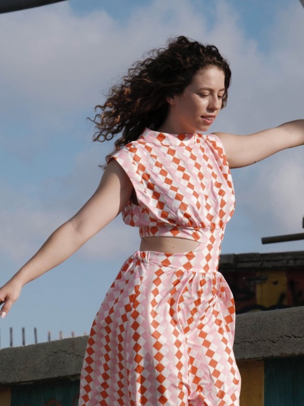 Geometric Pink & Orange Cutout Dress